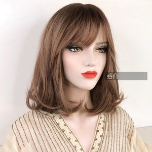 Dark Brown Light Pastel Pink Undertone Ombre Straight Wig with Bangs 14"| Ava